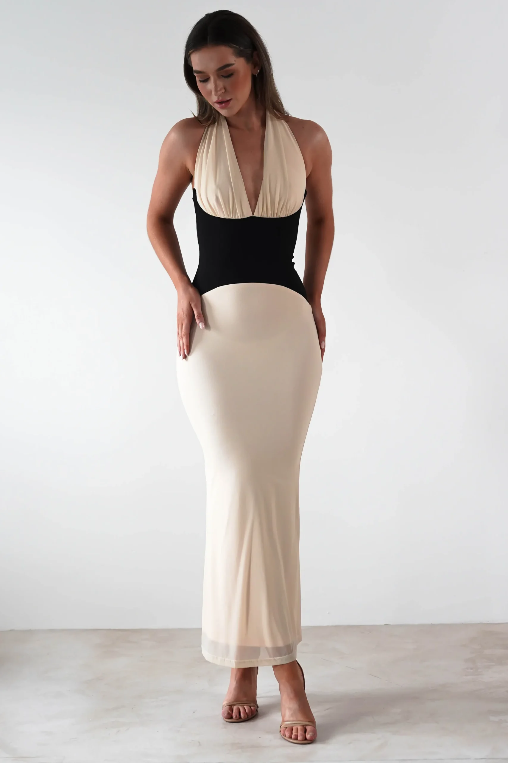 Addae Bodycon Mesh Maxi Dress | Beige/Black