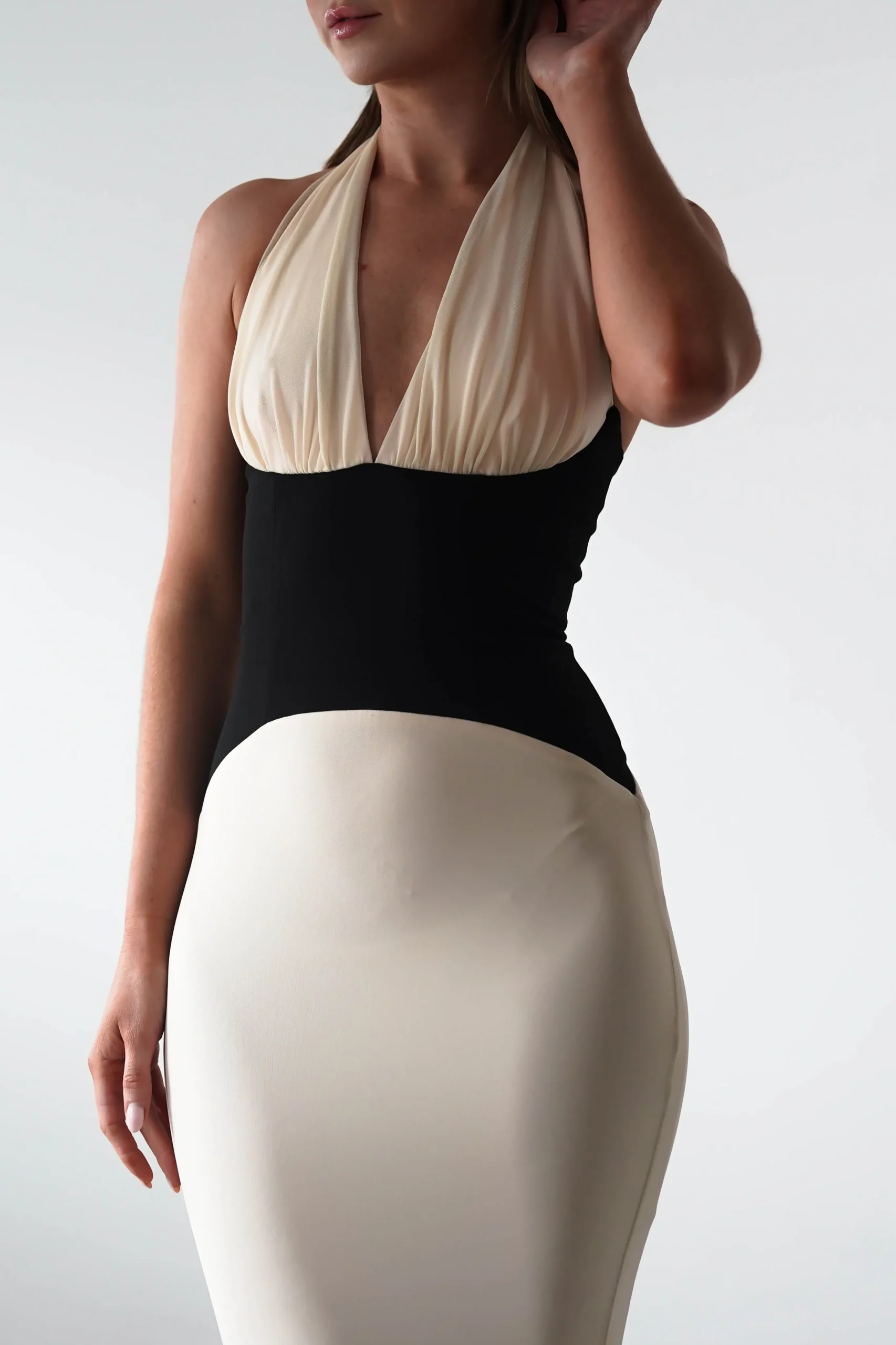 Addae Bodycon Mesh Maxi Dress | Beige/Black