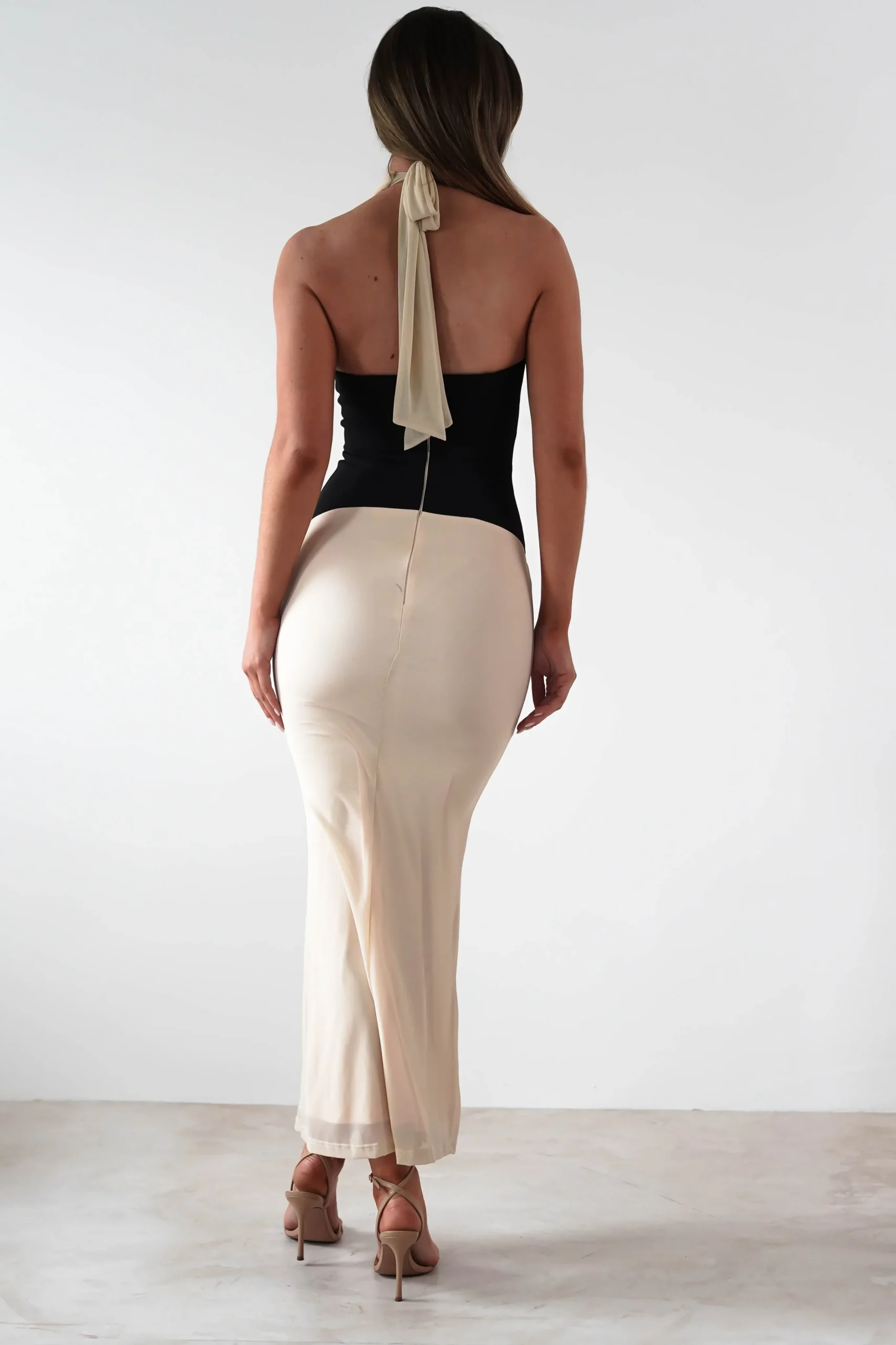 Addae Bodycon Mesh Maxi Dress | Beige/Black