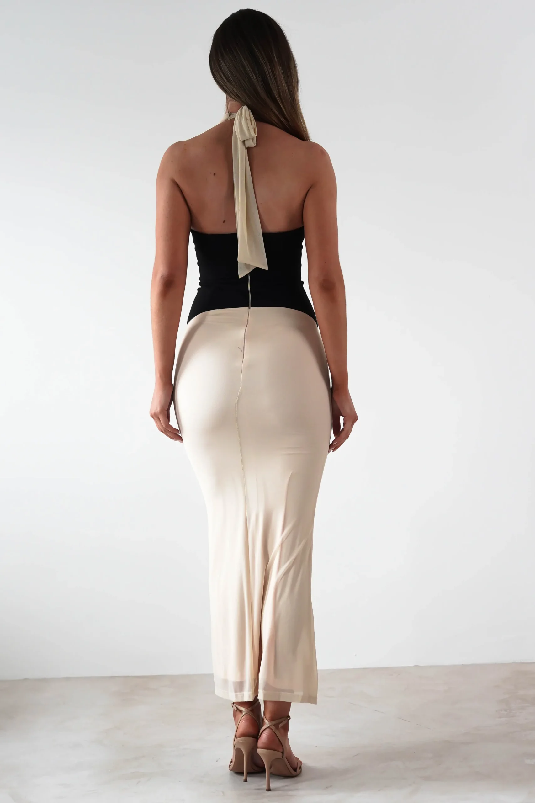 Addae Bodycon Mesh Maxi Dress | Beige/Black
