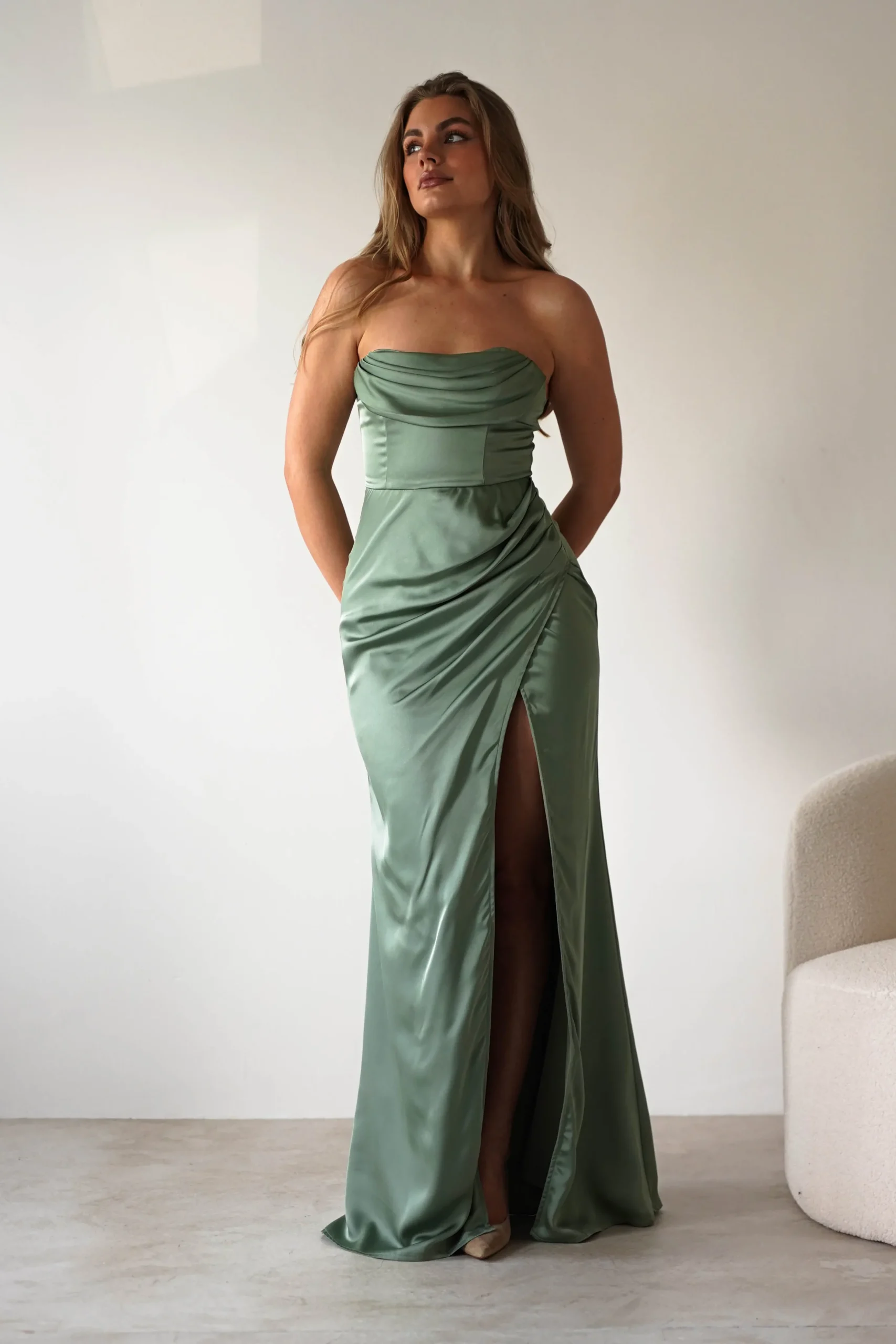 Alyce Soft Satin Strapless Gown | Olive