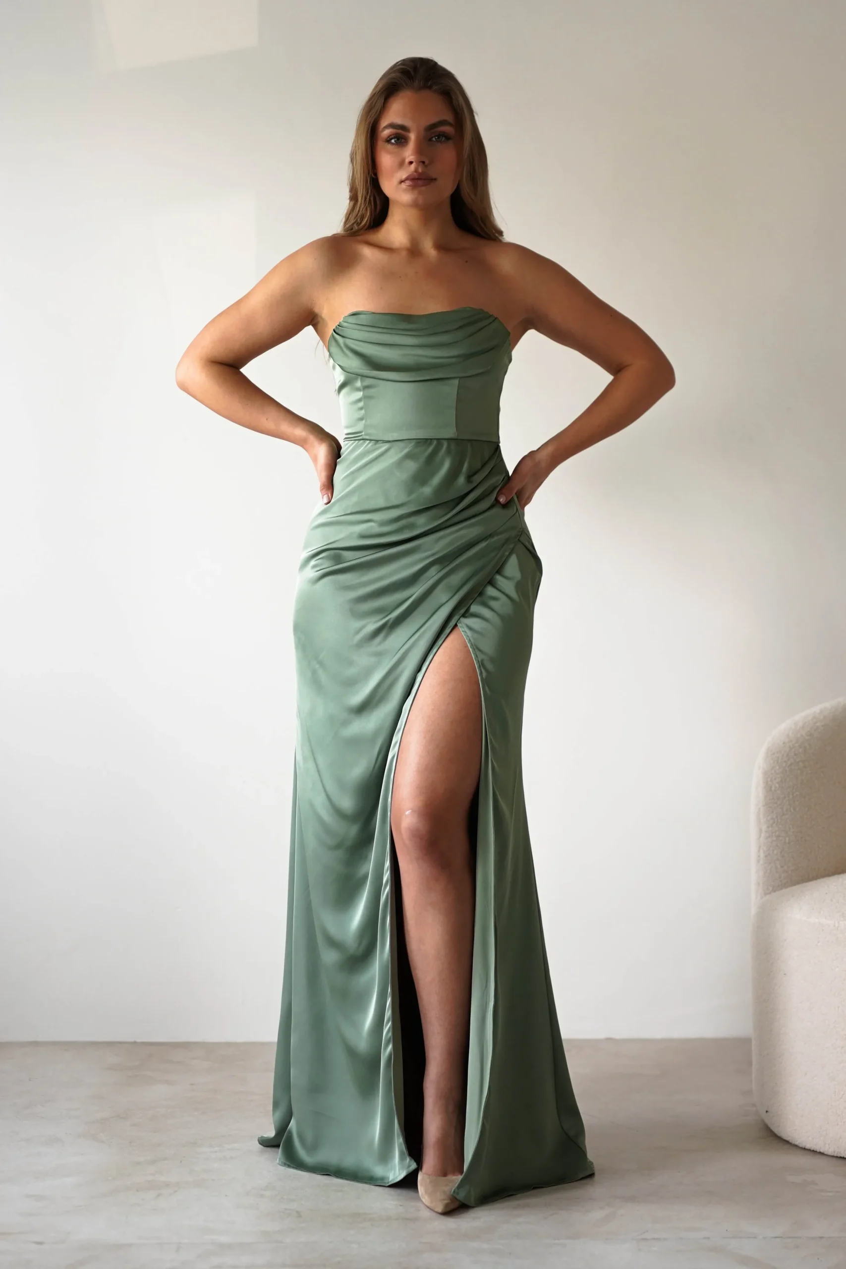 Alyce Soft Satin Strapless Gown | Olive