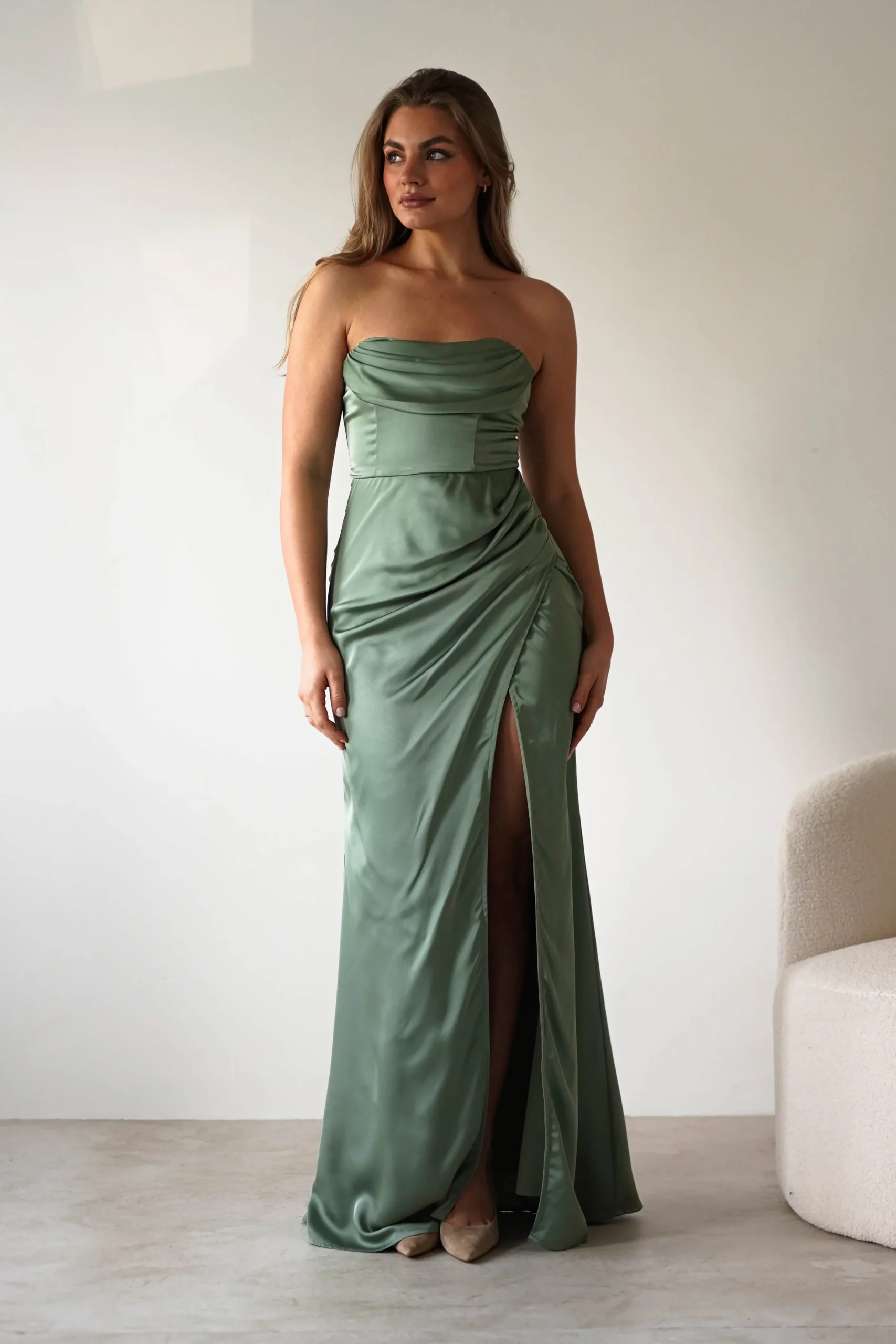 Alyce Soft Satin Strapless Gown | Olive