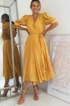 Andrea Polka Dot Midi Dress | Mustard