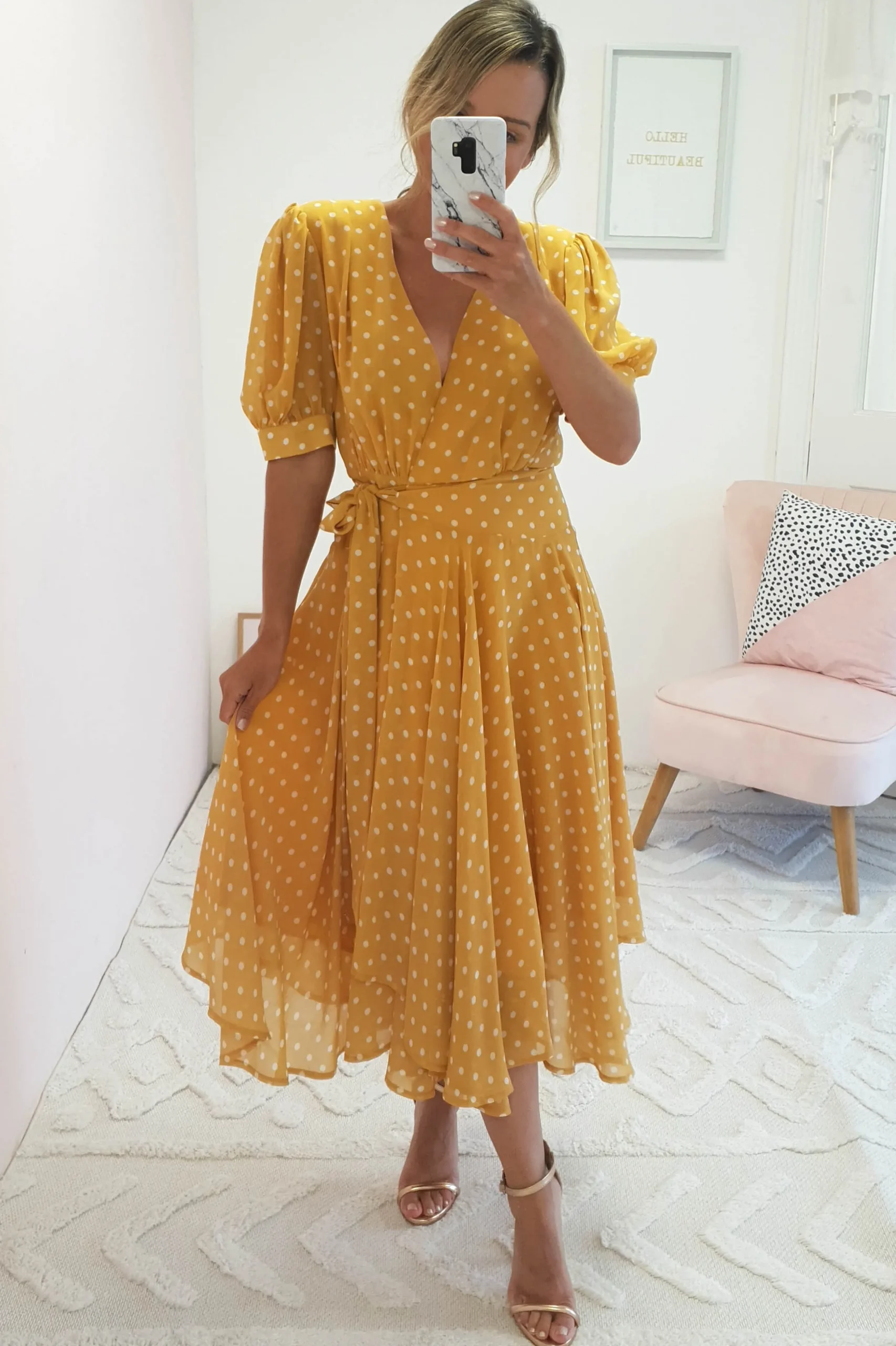 Andrea Polka Dot Midi Dress | Mustard