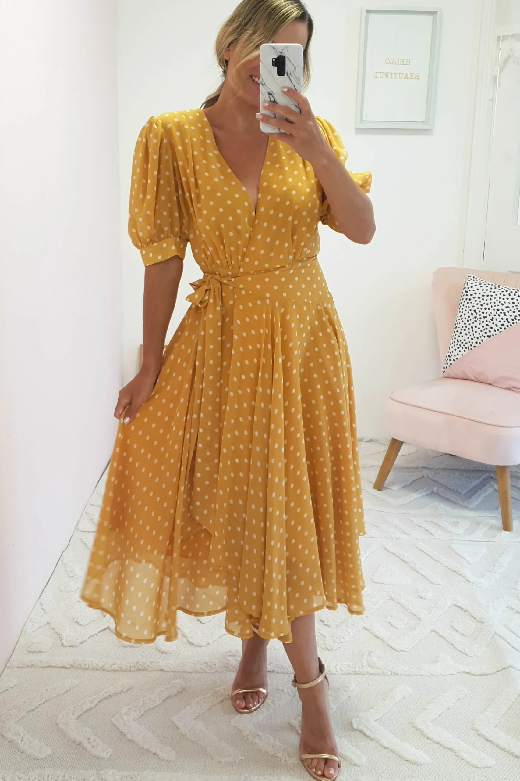 Andrea Polka Dot Midi Dress | Mustard