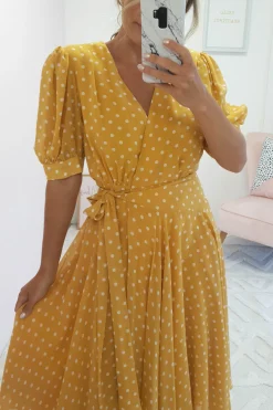 Andrea Polka Dot Midi Dress | Mustard