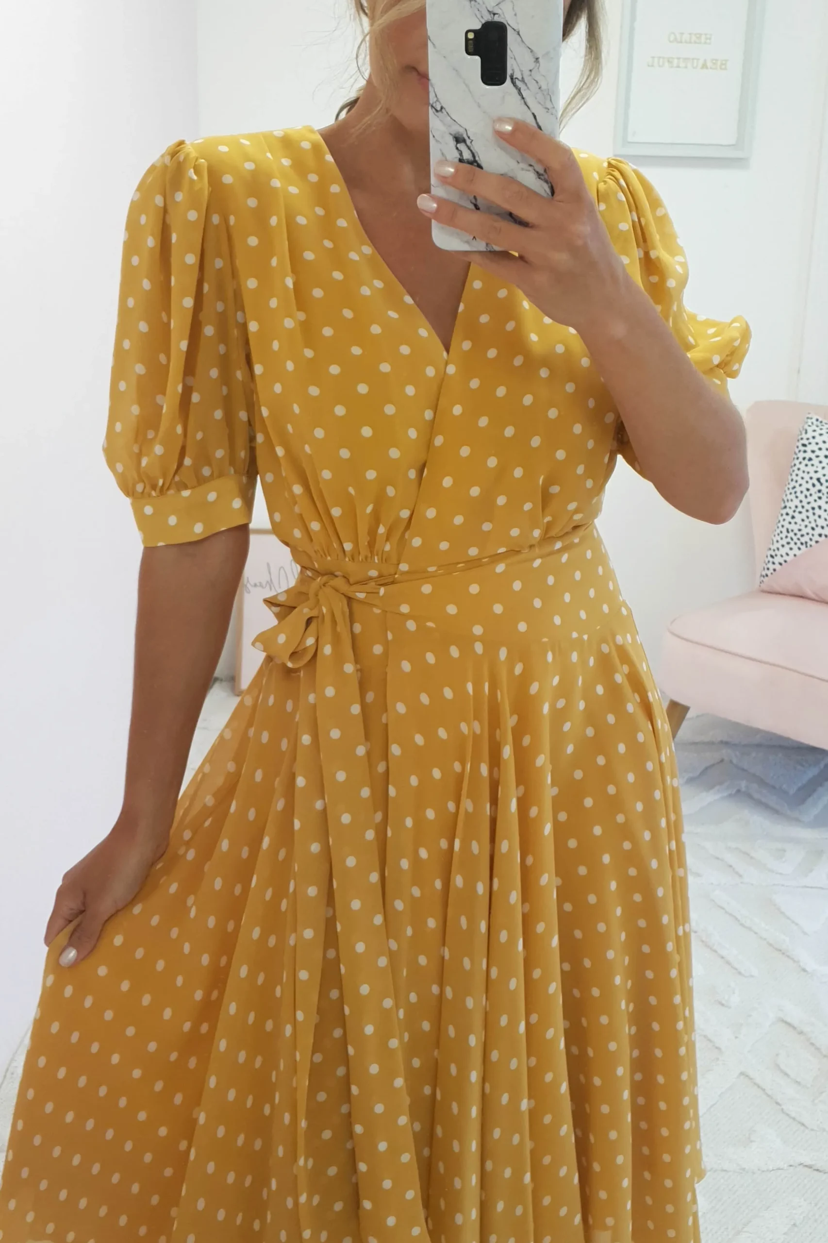 Andrea Polka Dot Midi Dress | Mustard