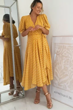 Andrea Polka Dot Midi Dress | Mustard