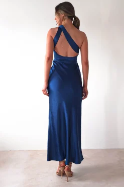 Ashlee Soft Satin One Shoulder Maxi Dress | Navy