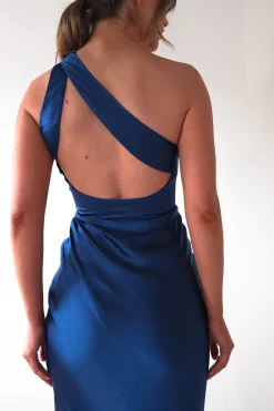Ashlee Soft Satin One Shoulder Maxi Dress | Navy