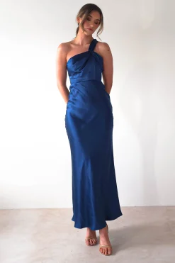 Ashlee Soft Satin One Shoulder Maxi Dress | Navy
