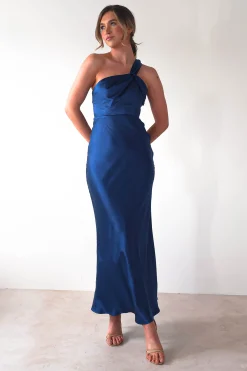 Ashlee Soft Satin One Shoulder Maxi Dress | Navy
