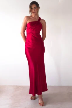 Ashlee Soft Satin One Shoulder Maxi Dress | Red
