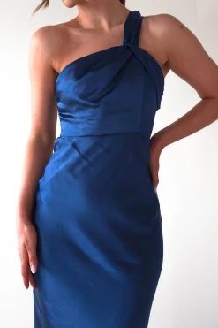 Ashlee Soft Satin One Shoulder Maxi Dress | Navy