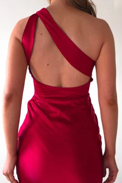 Ashlee Soft Satin One Shoulder Maxi Dress | Red