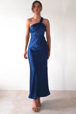 Ashlee Soft Satin One Shoulder Maxi Dress | Navy