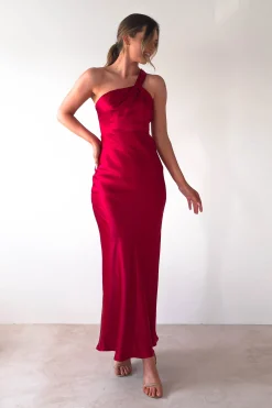 Ashlee Soft Satin One Shoulder Maxi Dress | Red