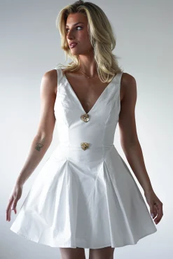 Baxter Cotton Gold Button Mini Dress | White