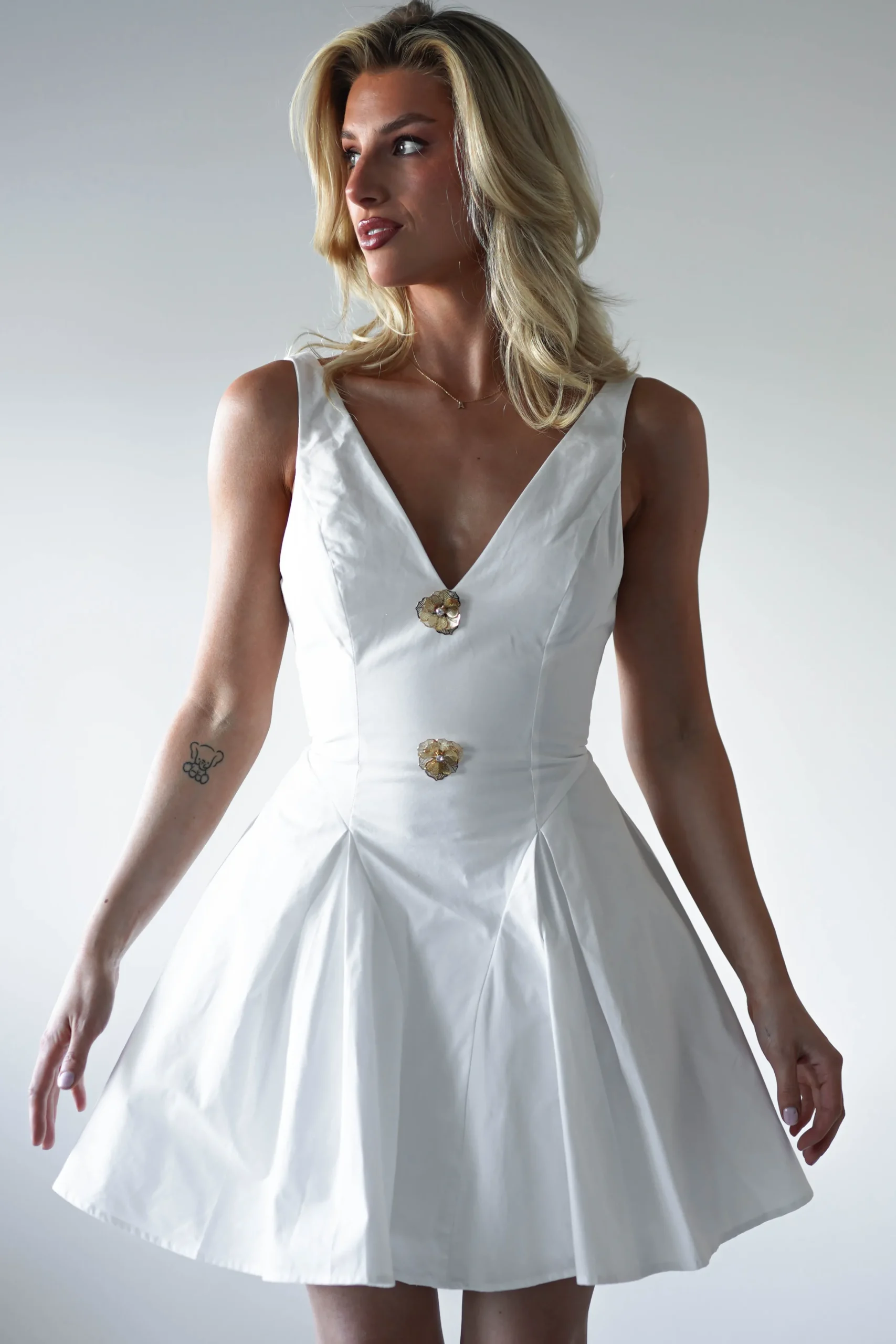 Baxter Cotton Gold Button Mini Dress | White