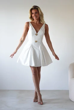 Baxter Cotton Gold Button Mini Dress | White
