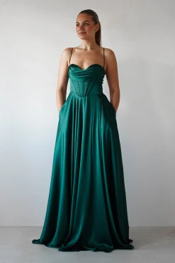 Bella Luxe Aline Satin Gown | Emerald