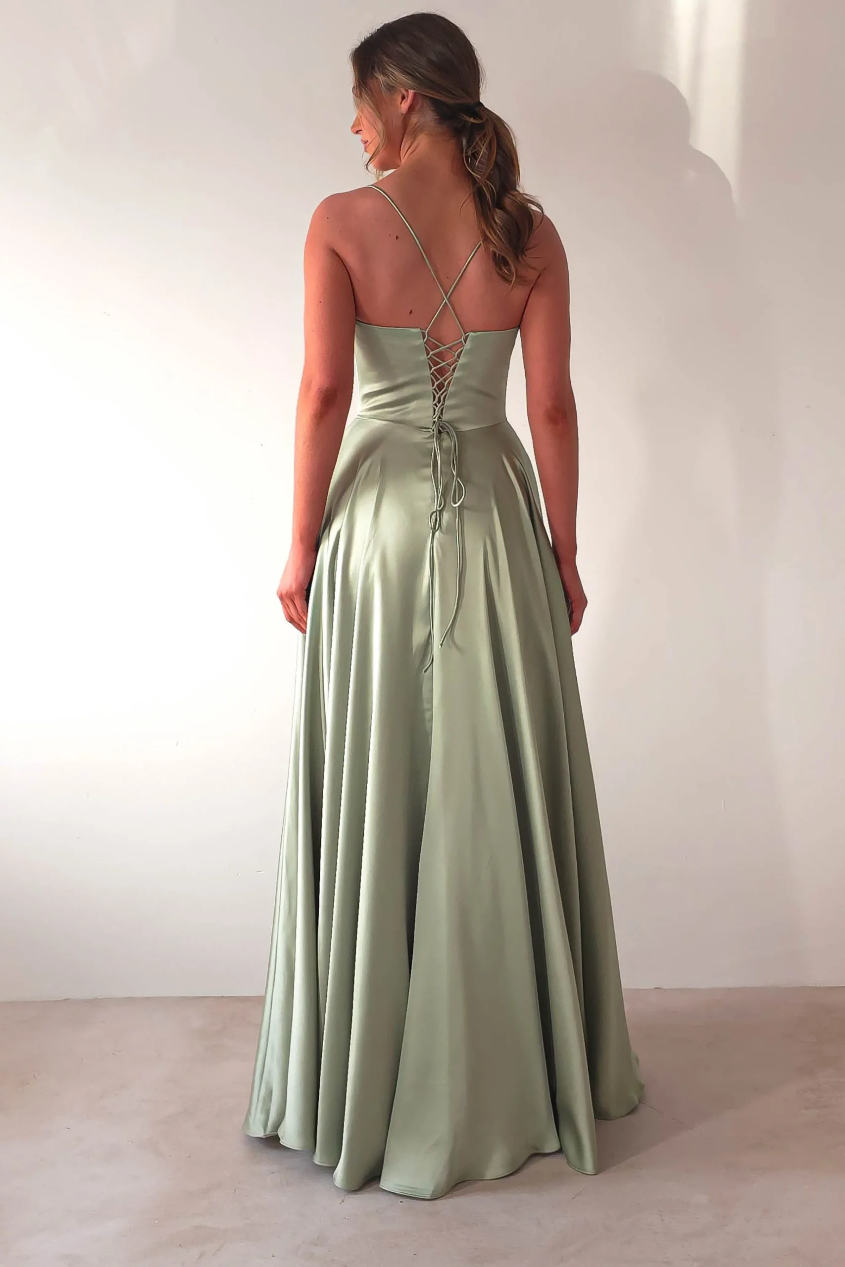 Bella Luxe Aline Satin Gown | Sage