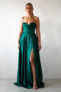Bella Luxe Aline Satin Gown | Emerald