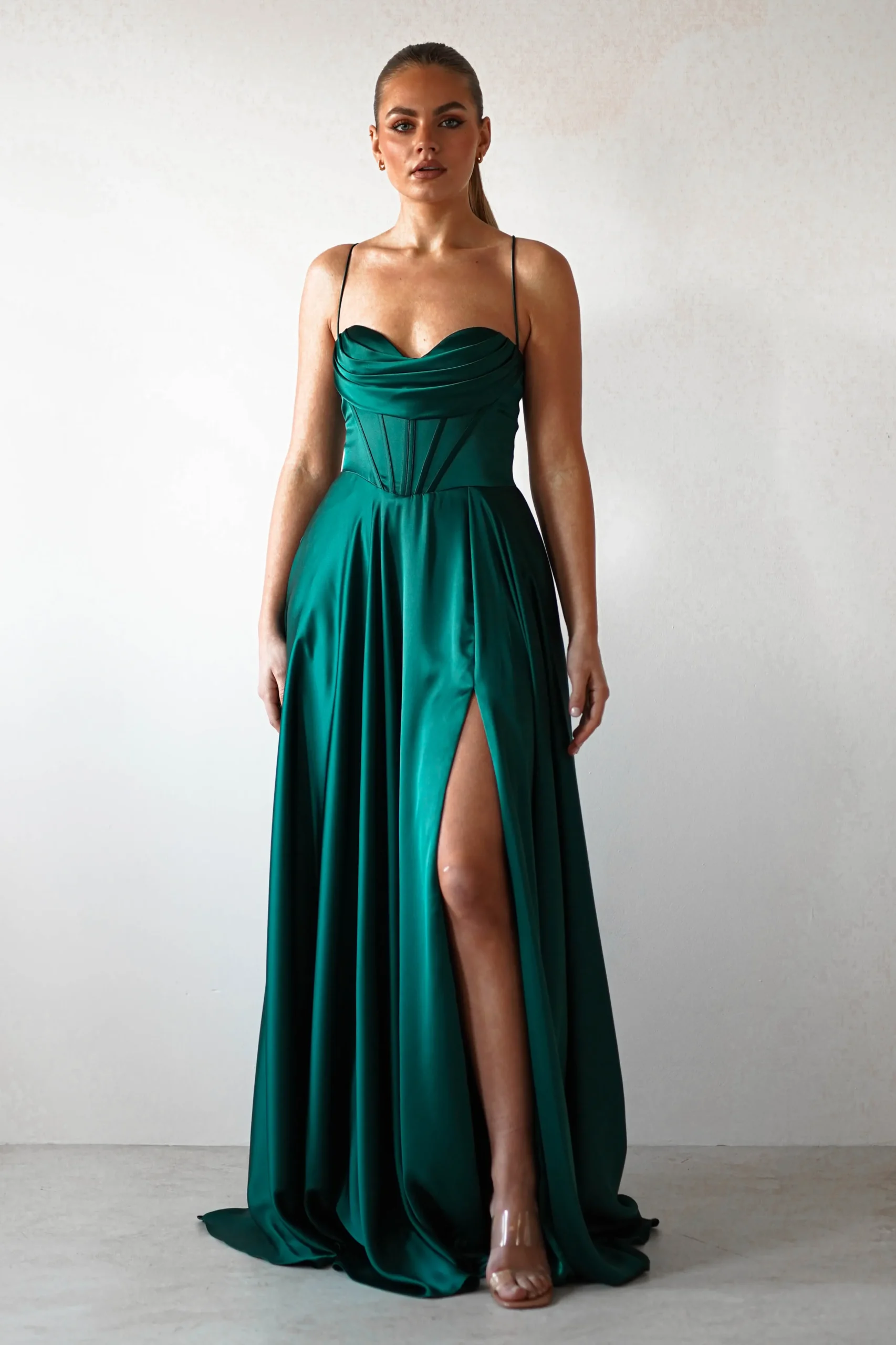 Bella Luxe Aline Satin Gown | Emerald