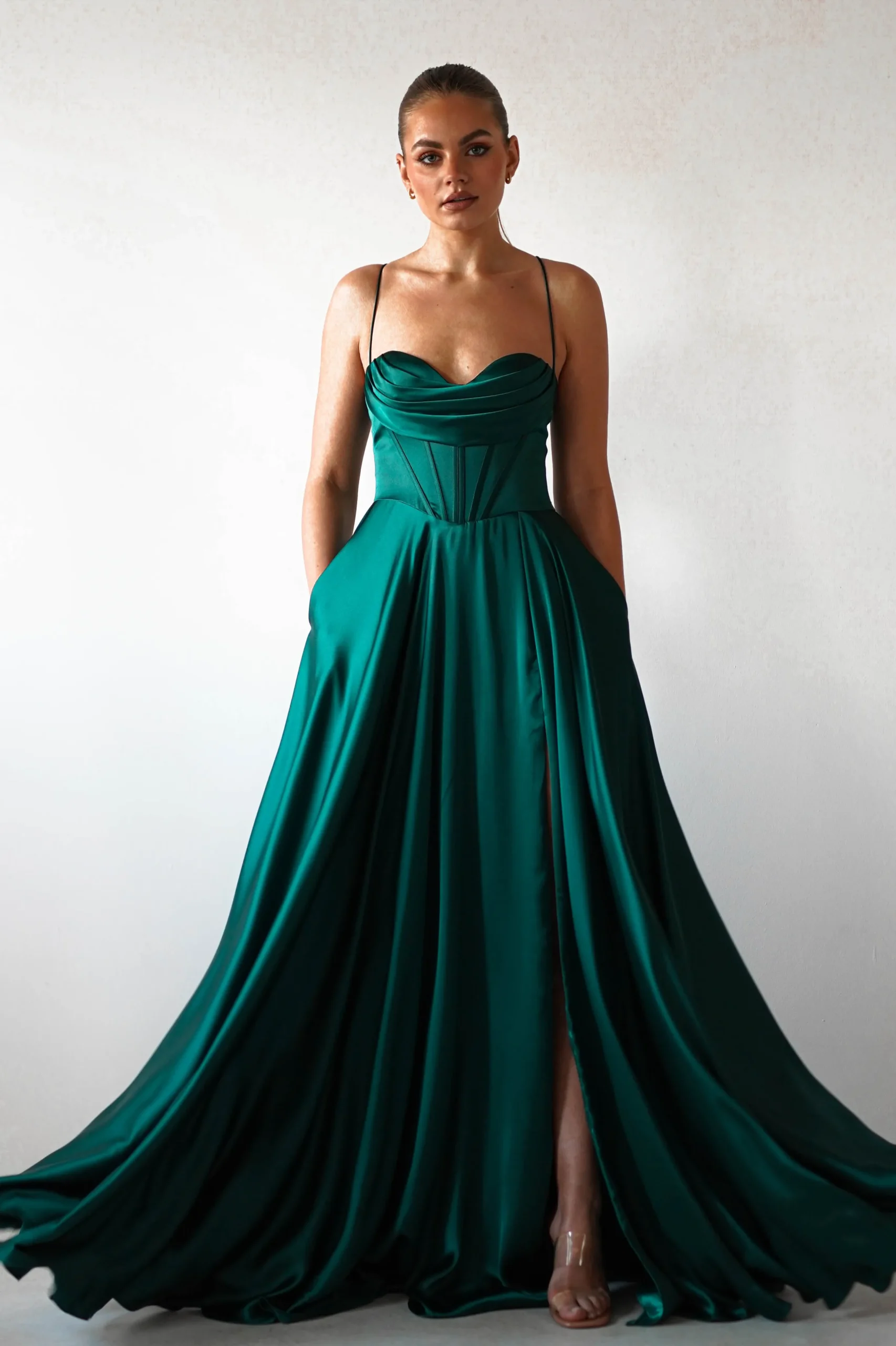 Bella Luxe Aline Satin Gown | Emerald
