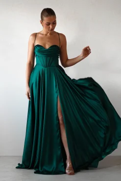 Bella Luxe Aline Satin Gown | Emerald