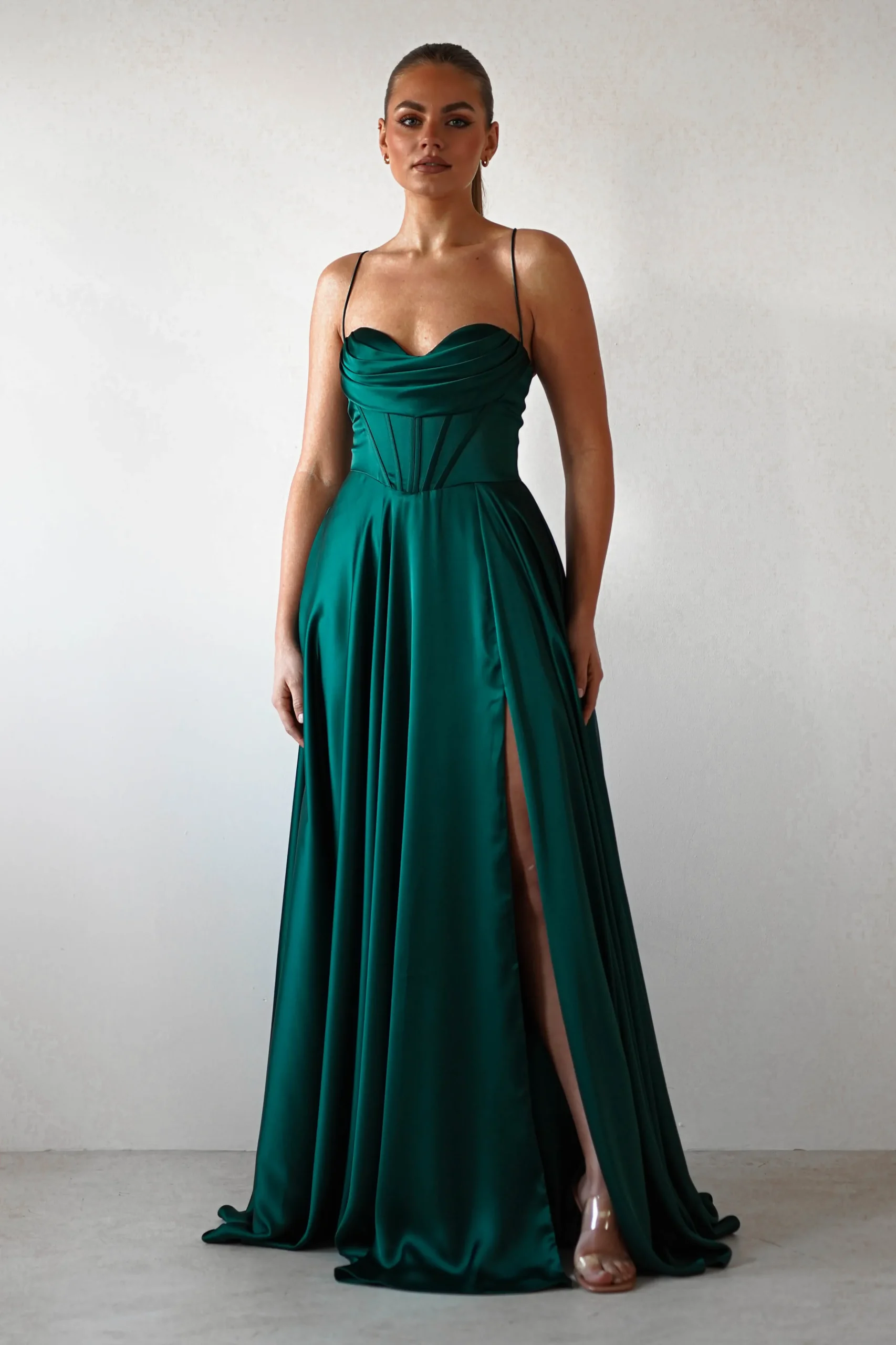 Bella Luxe Aline Satin Gown | Emerald