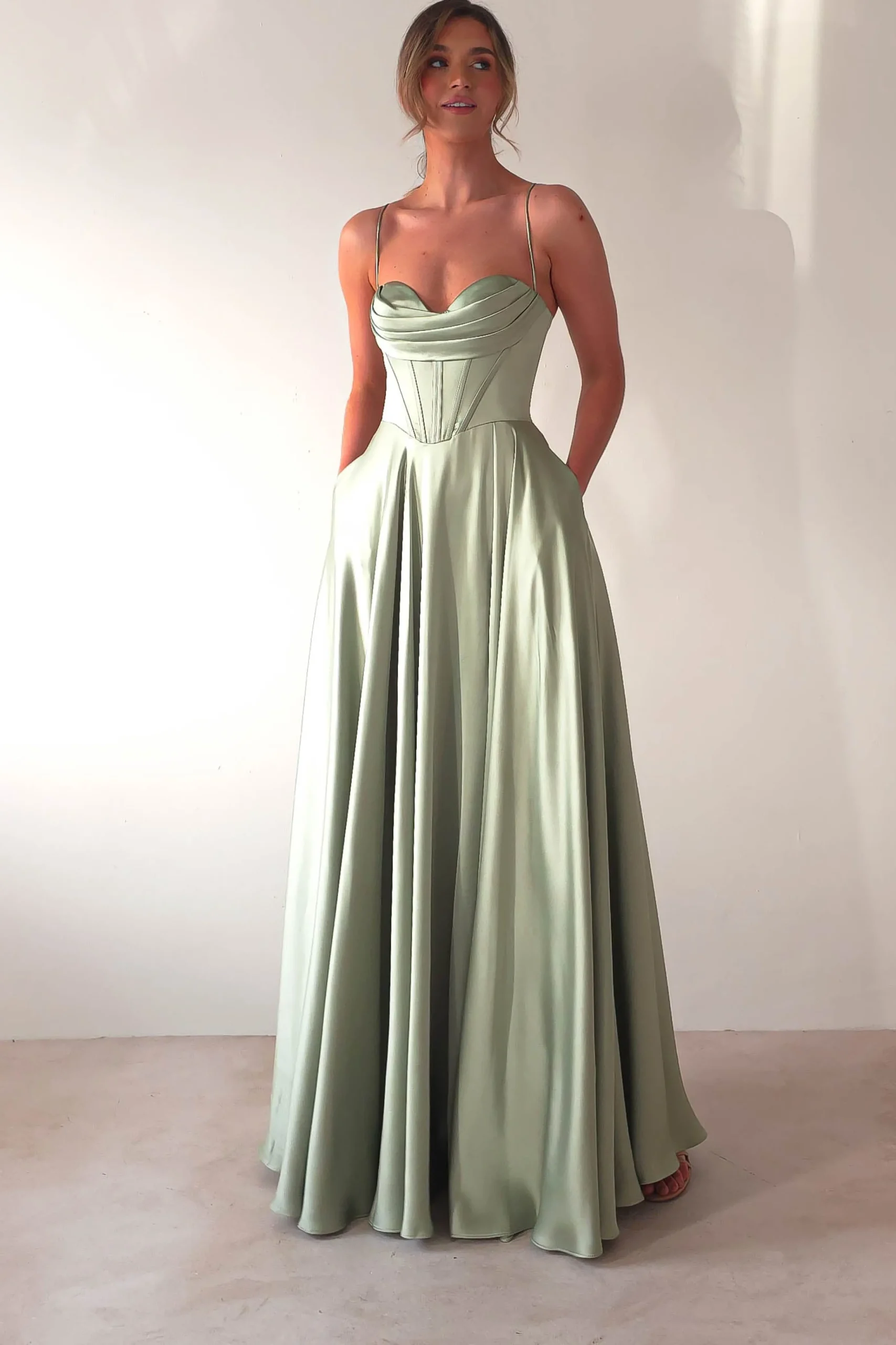 Bella Luxe Aline Satin Gown | Sage