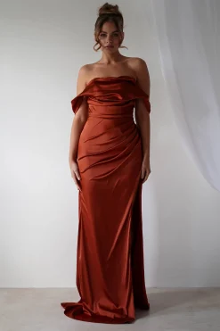 Beth Draped Silky Satin Gown | Rust