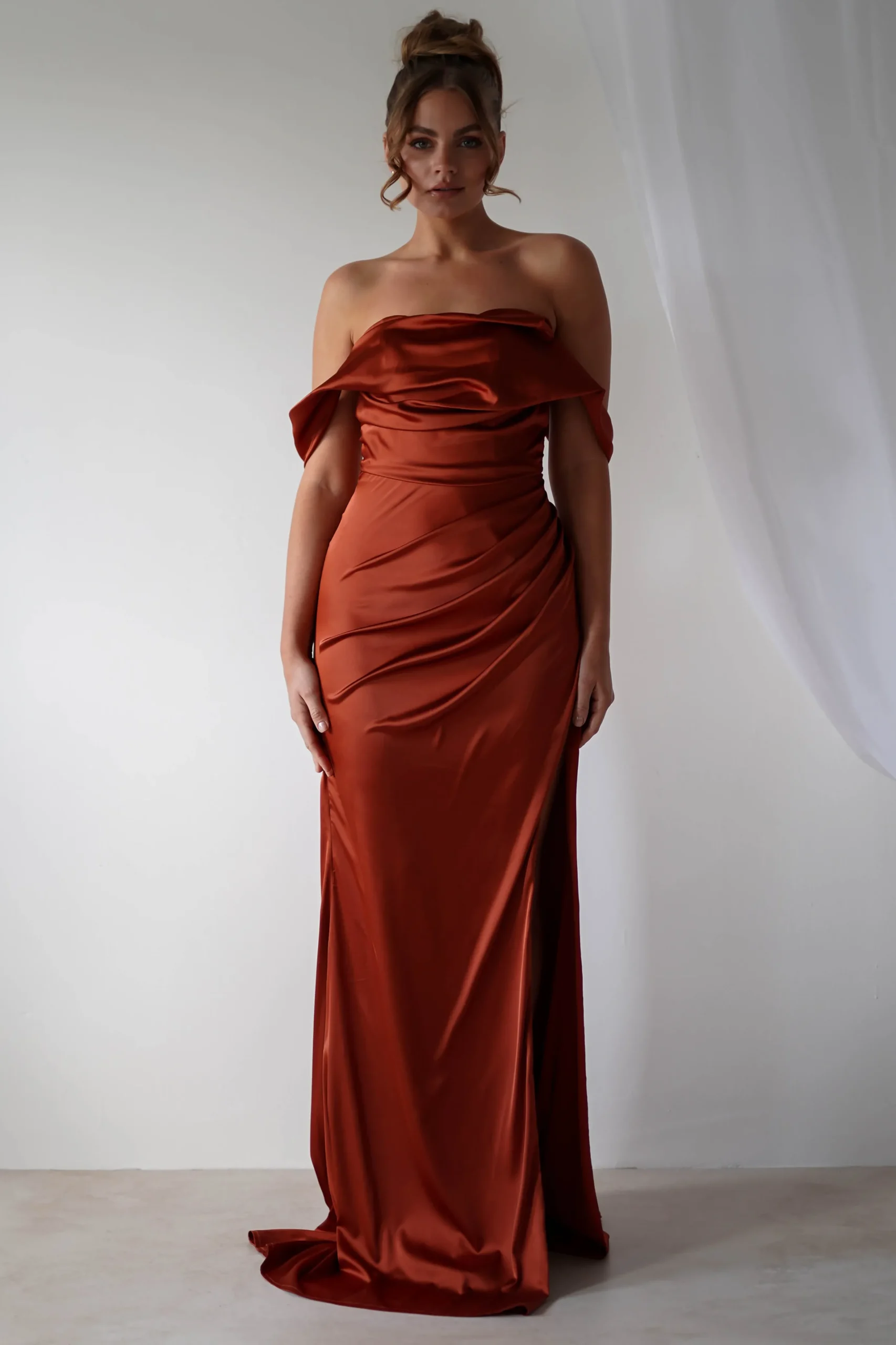 Beth Draped Silky Satin Gown | Rust