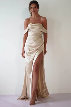 Beth Draped Silky Satin Gown | Champagne