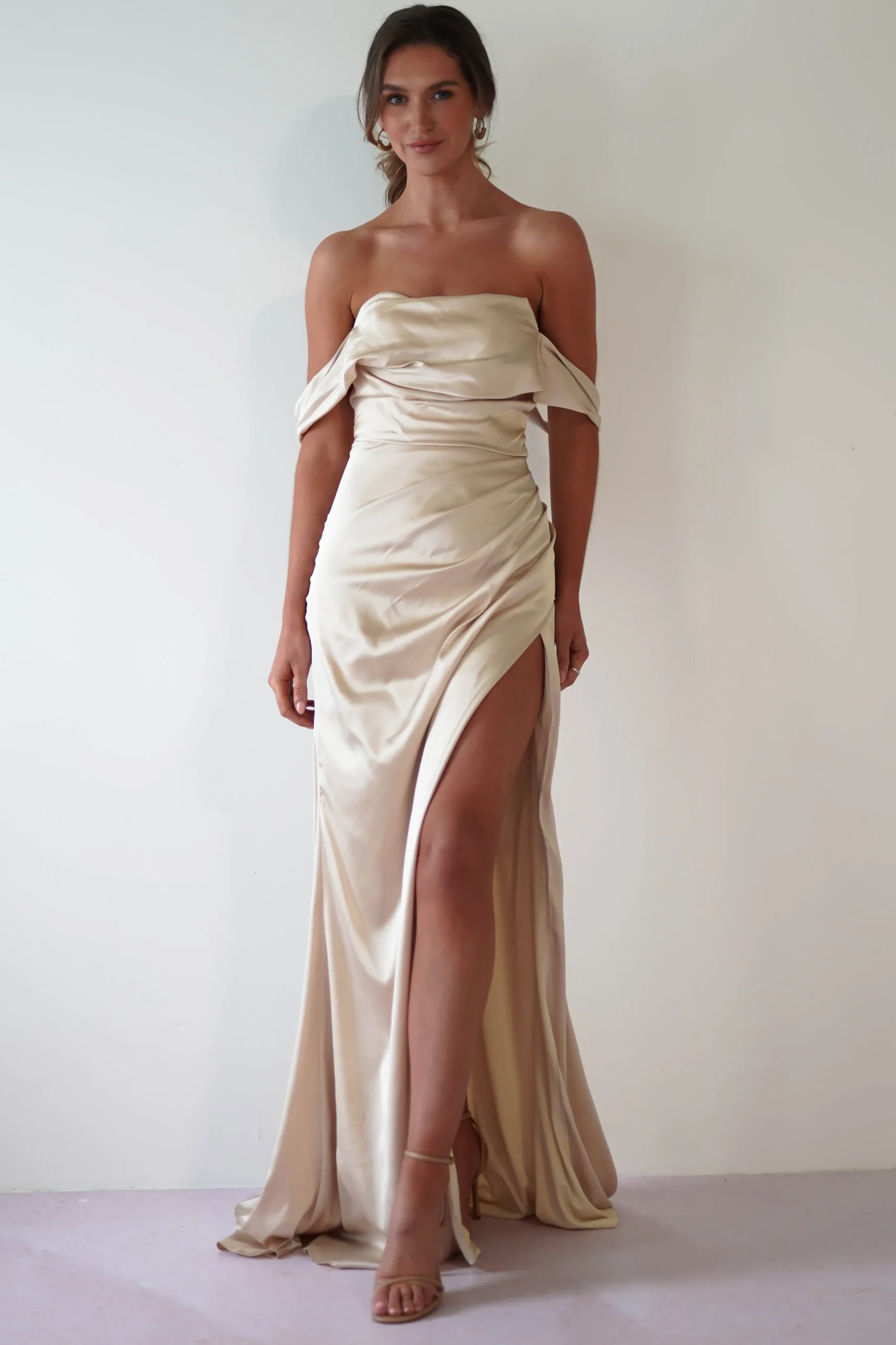 Beth Draped Silky Satin Gown | Champagne