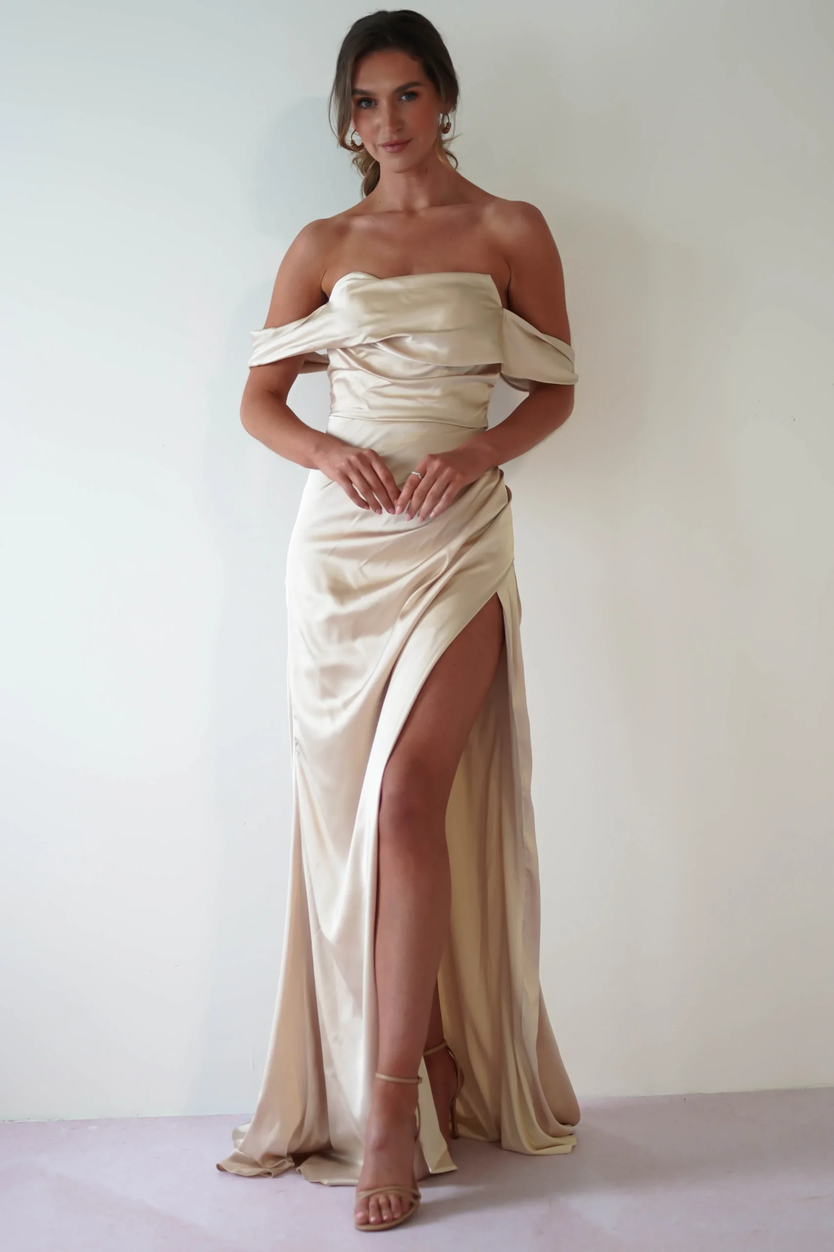 Beth Draped Silky Satin Gown | Champagne