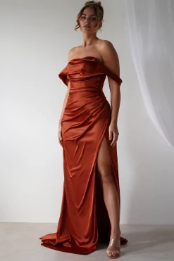 Beth Draped Silky Satin Gown | Rust