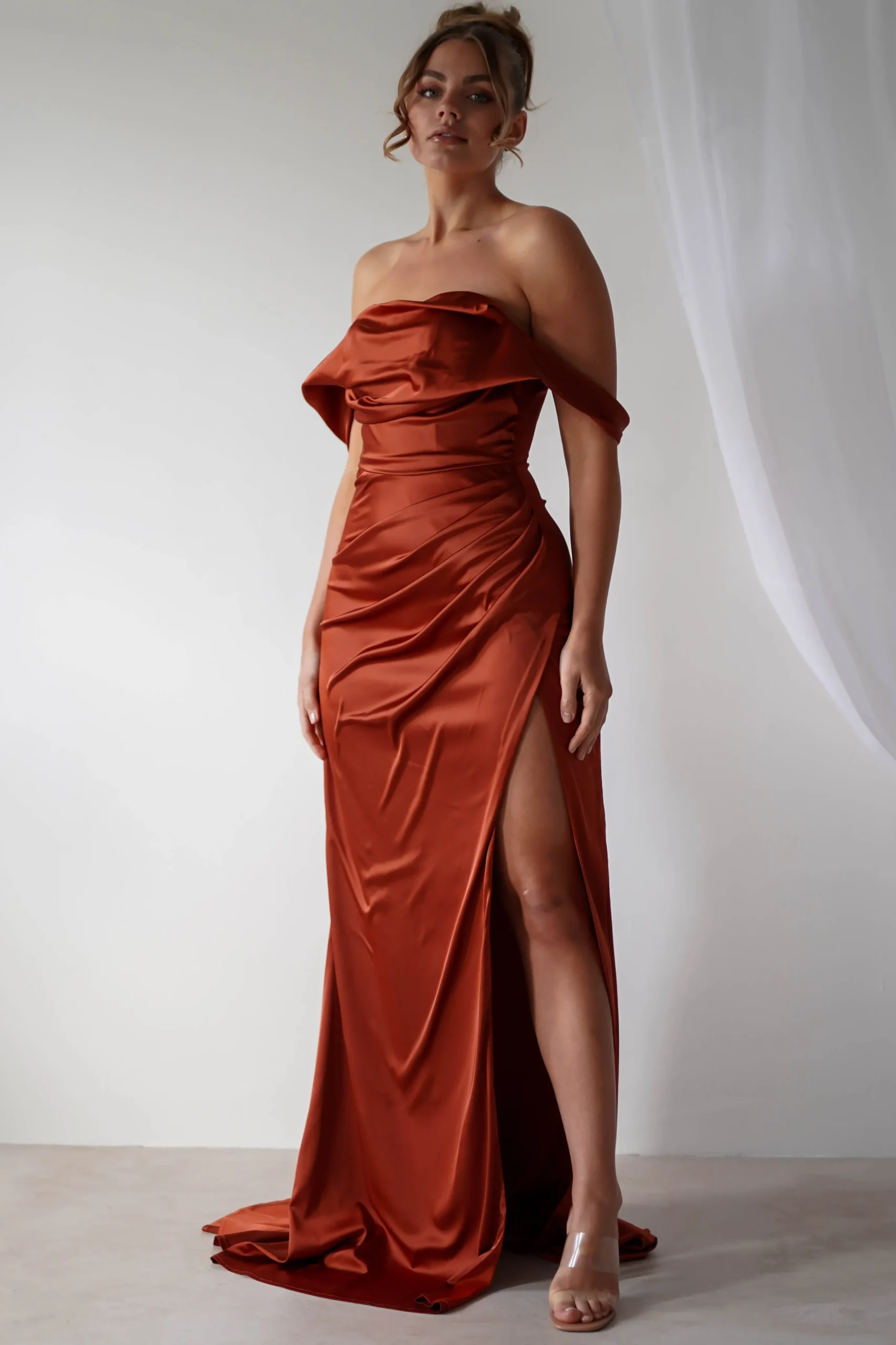 Beth Draped Silky Satin Gown | Rust