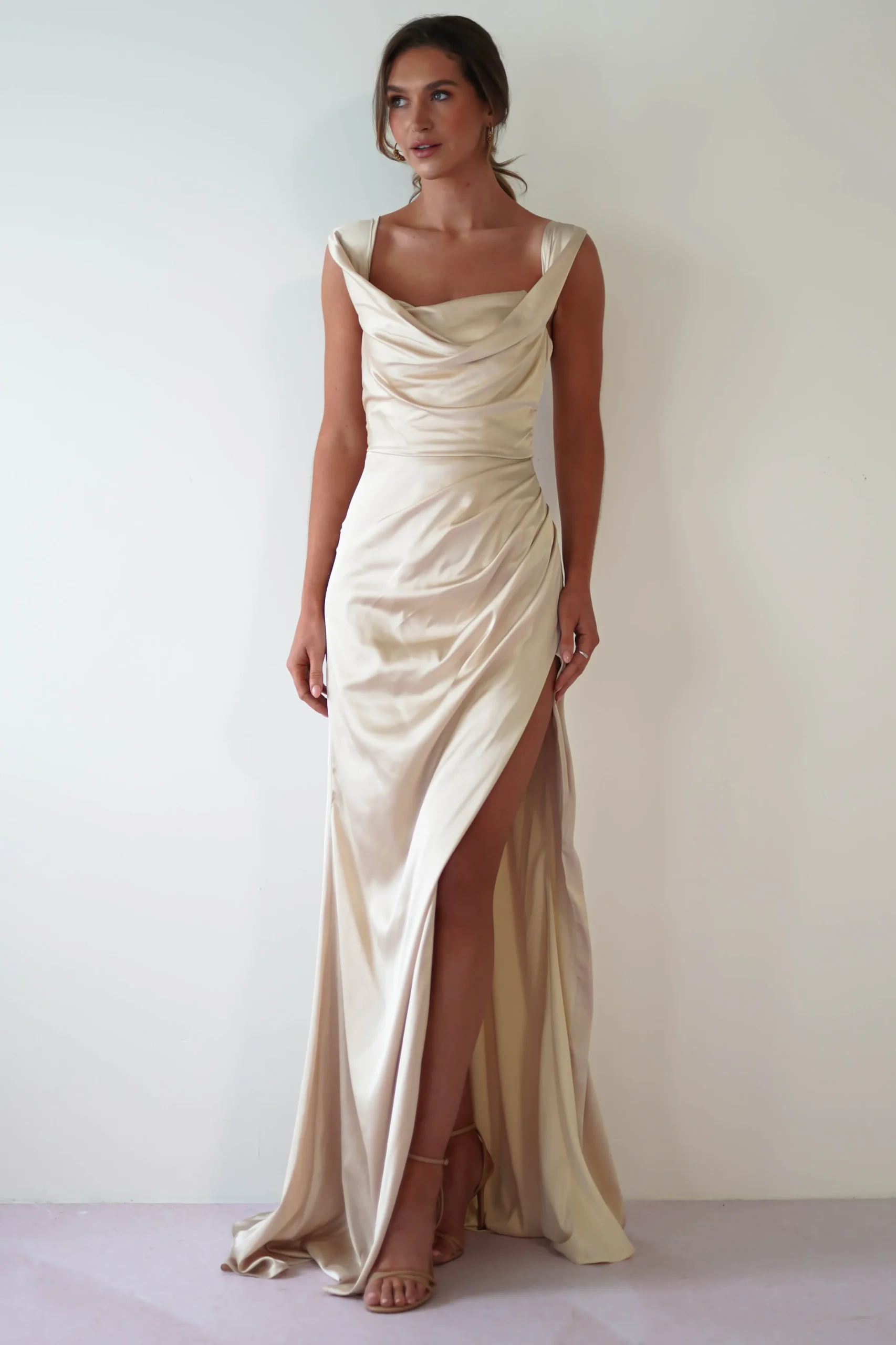 Beth Draped Silky Satin Gown | Champagne