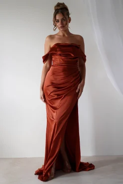 Beth Draped Silky Satin Gown | Rust