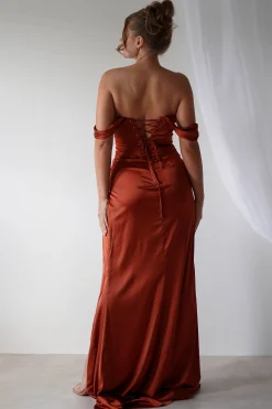 Beth Draped Silky Satin Gown | Rust