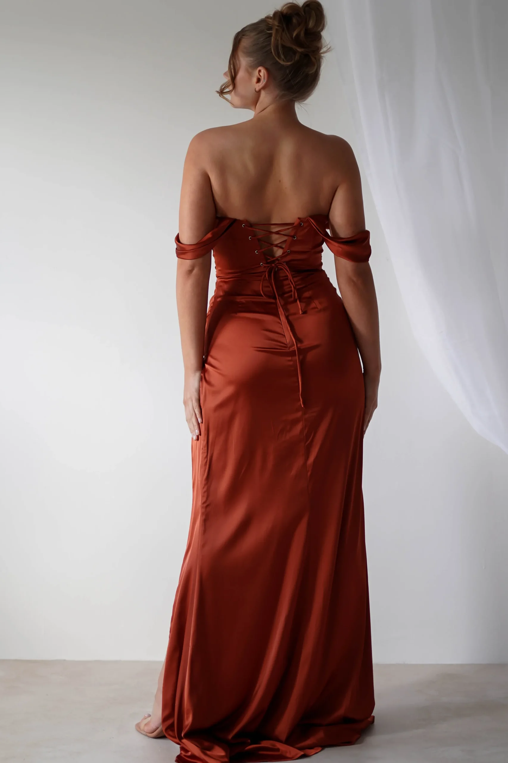Beth Draped Silky Satin Gown | Rust