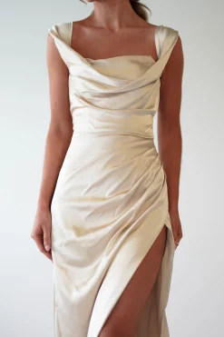 Beth Draped Silky Satin Gown | Champagne