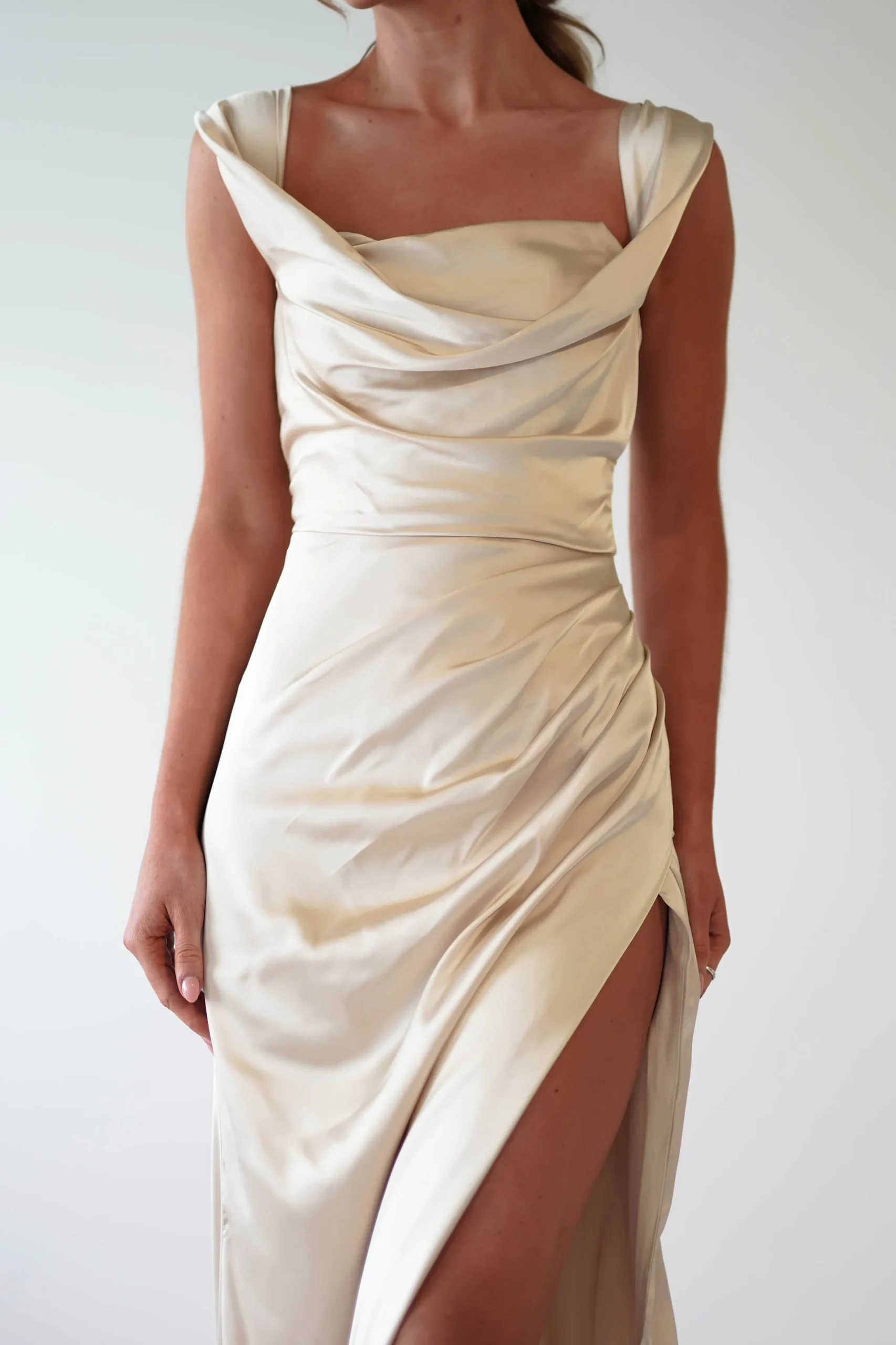 Beth Draped Silky Satin Gown | Champagne