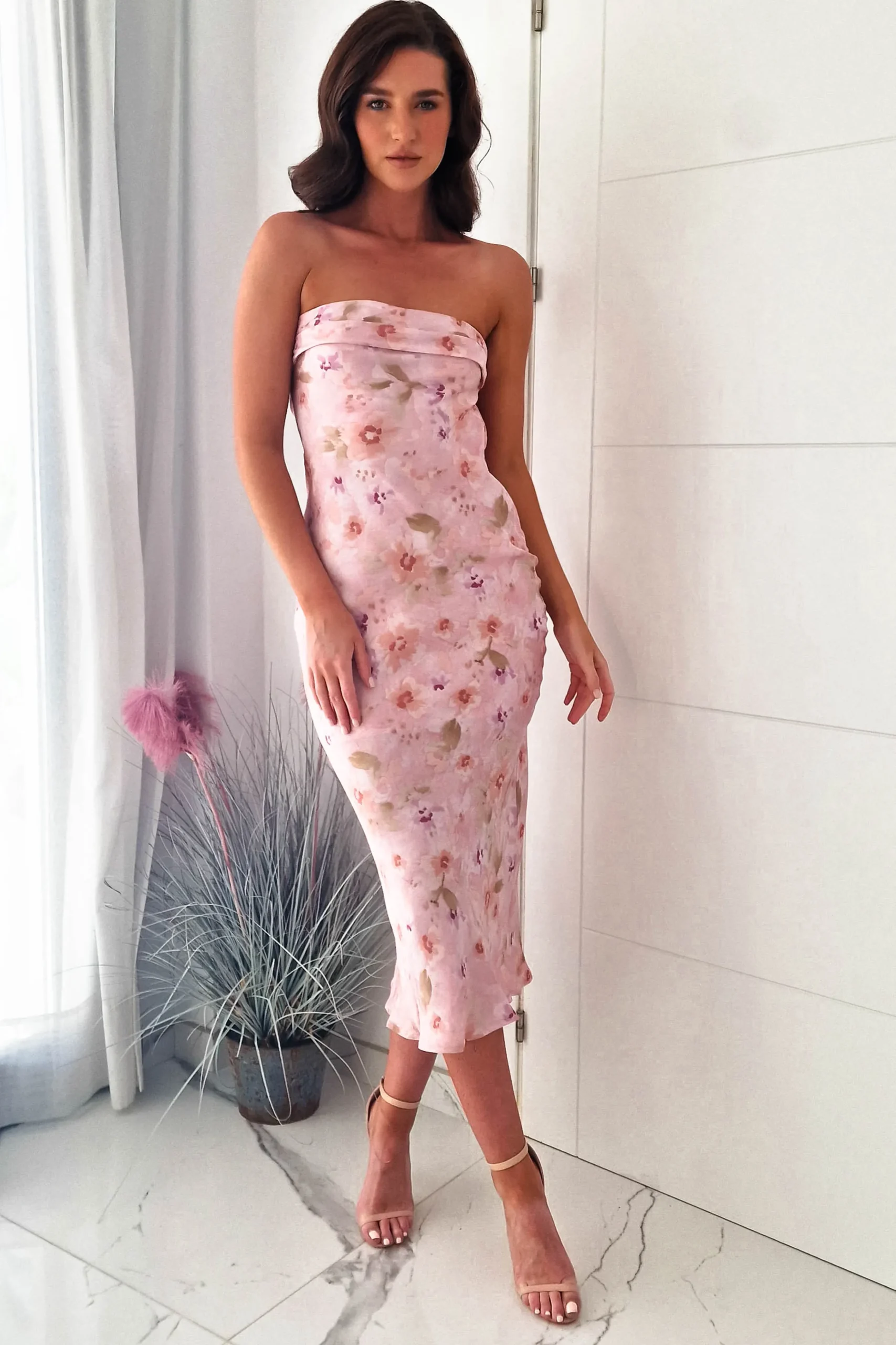 Bloom Strapless Midi Dress | Pink Floral