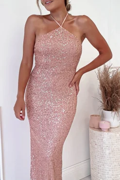 Brayson Halter Neck Sequin Gown | Rose Gold
