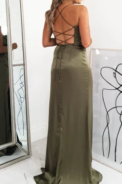 Cally High Slit Corset Gown | Olive