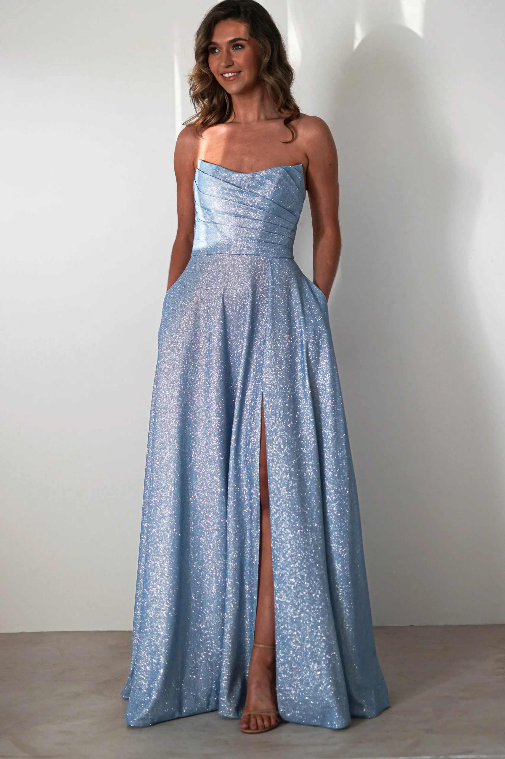 Cassia Strapless Glitter Aline Gown | Blue